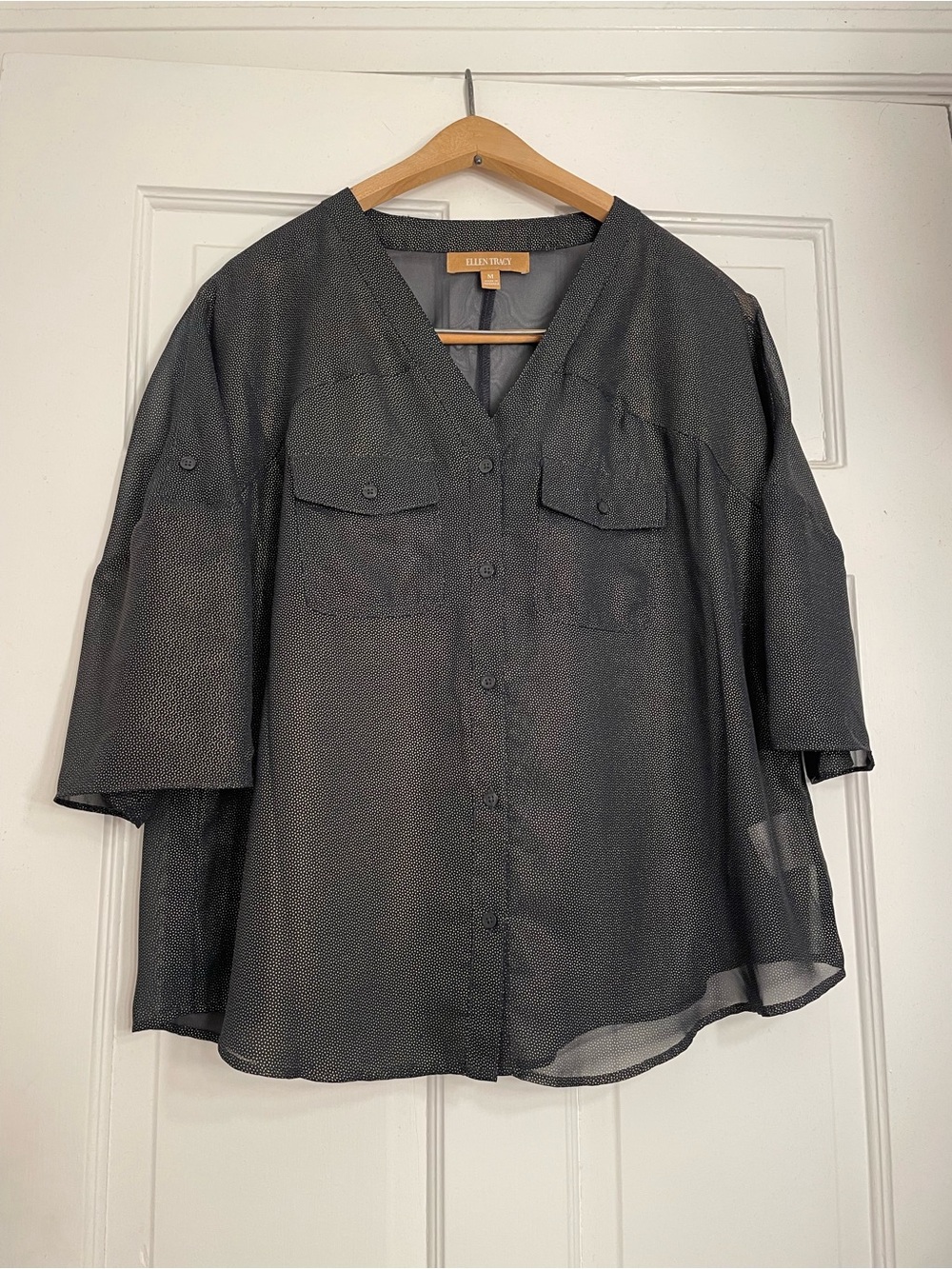 Ellen Tracy Sheer Black blouse with gold metallic dots